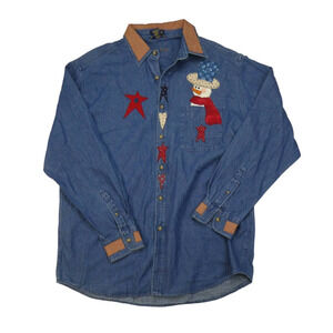 handmade Christmas Holiday button front denim shirt, Large, NEW